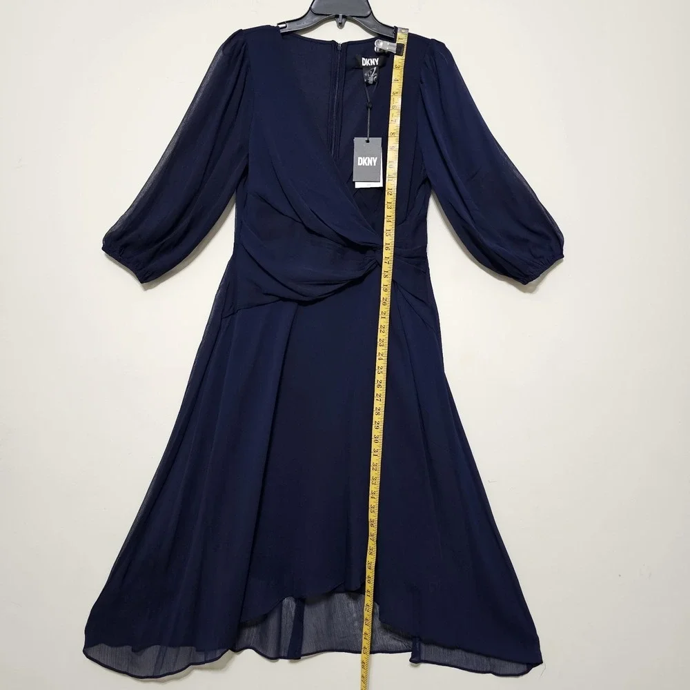 DKNY Women Dress Size 8 Fits Medium Faux Wrap V-Neck Long Sleeves Blue New - Picture 3 of 10